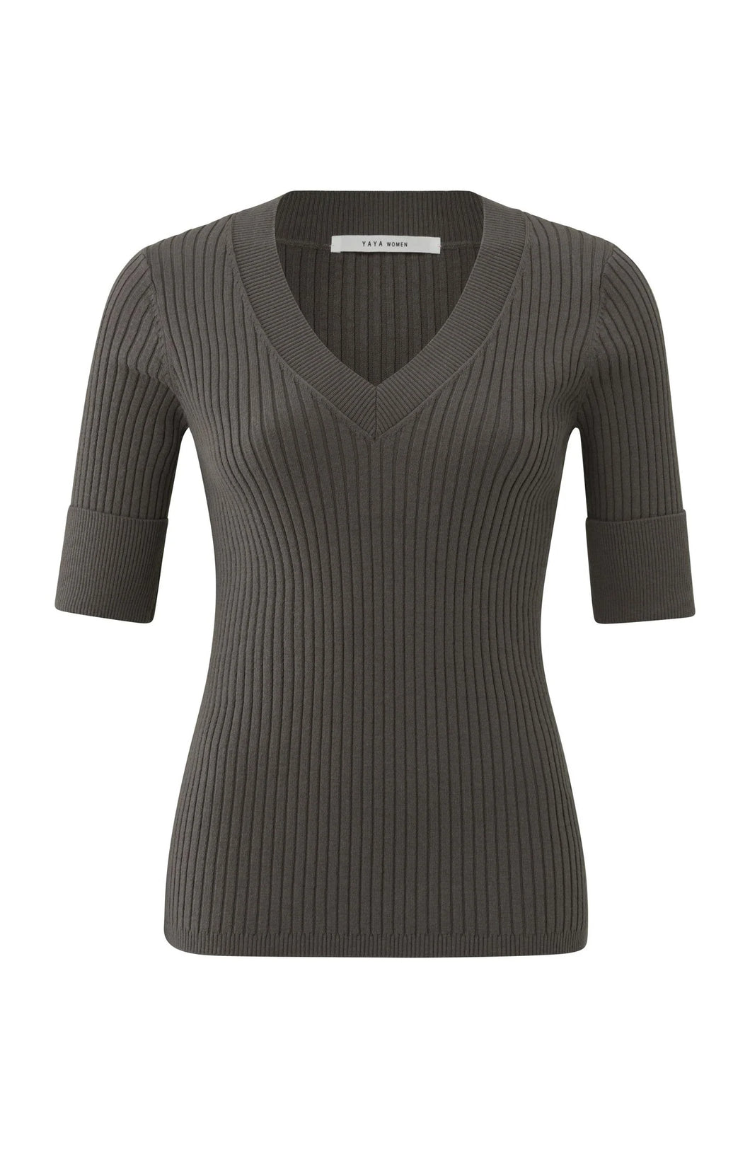 Yaya V-neck Rib Sweater Half Sleeve 01-000246-309 Mulch Brown