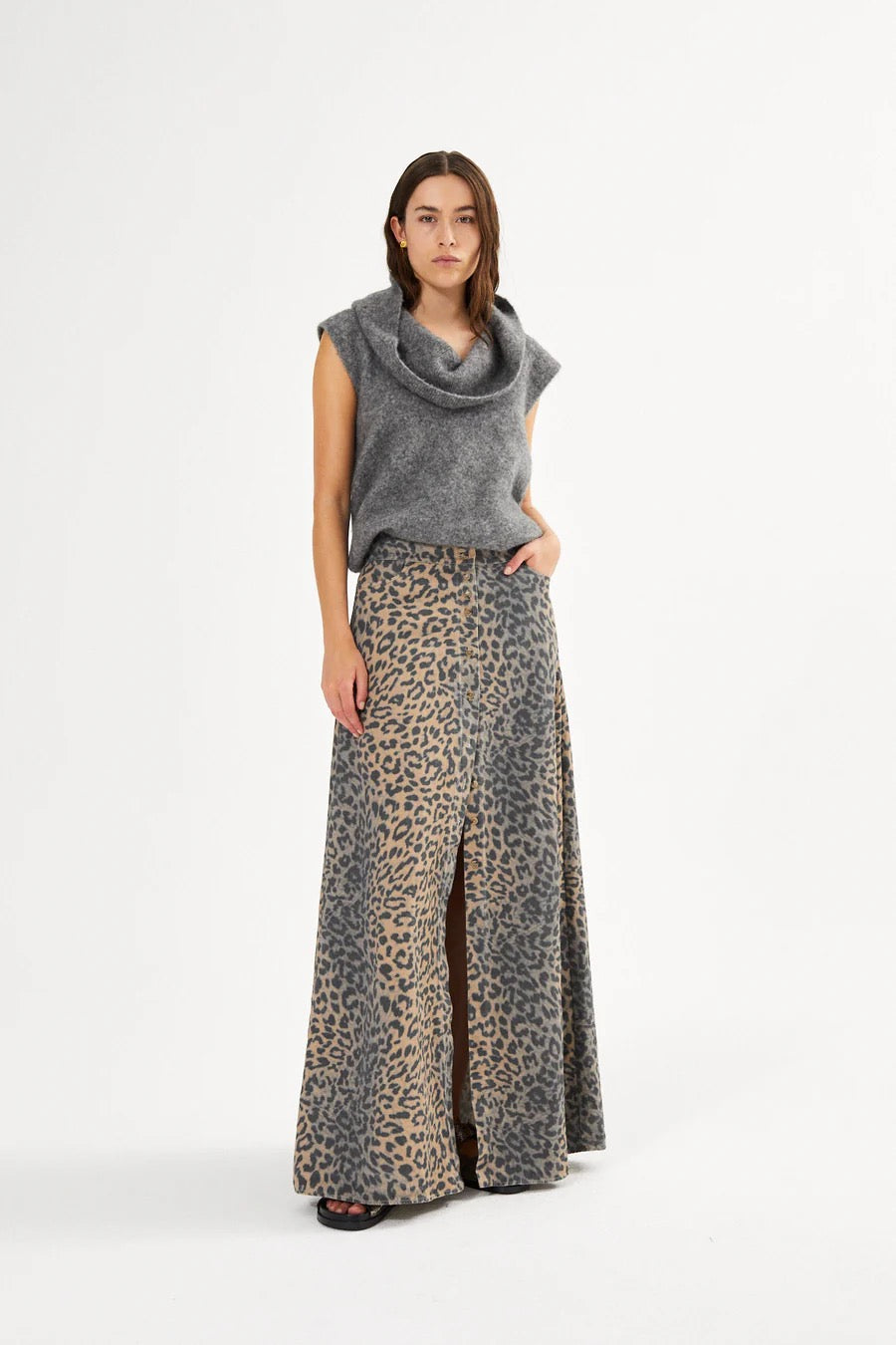 Rabens Saloner NATJA LEOPARD PRINT BUTTON SKIRT I LEOPARD