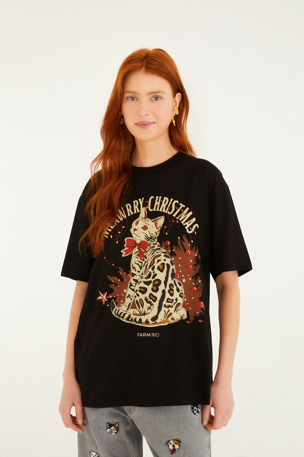 Farm Rio MEAWRRY CHRISTMAS RELAXED T SHIRT BLACK L0002